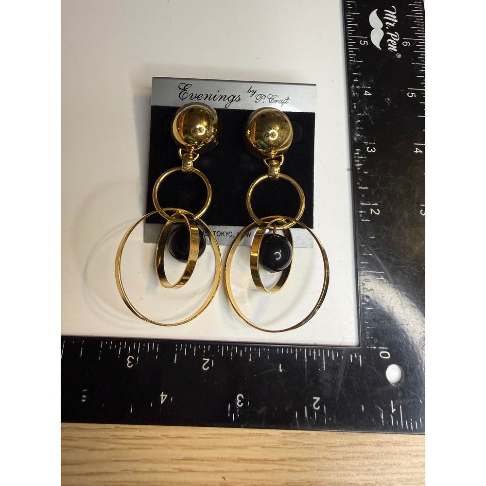 Evenings by P. Craft Gold Tone Multi Hoop Black Orb Drop Statement Earrings